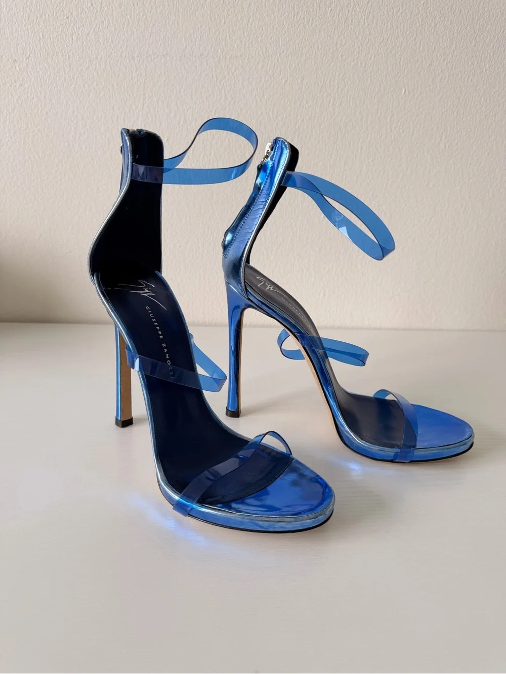Giuseppe Zanotti Metallic Blue Clear-Strap Stiletto Sandals Size 38
